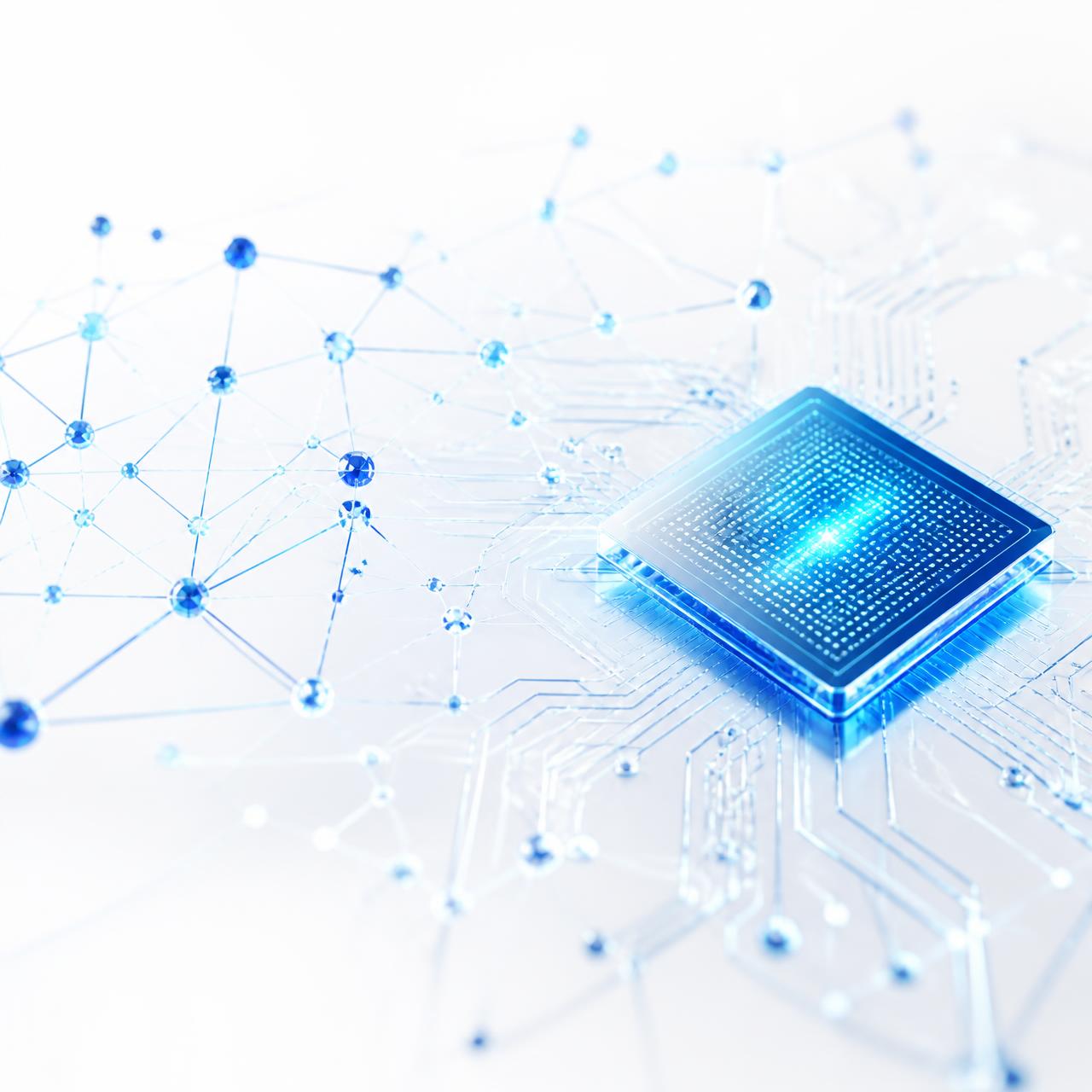 Red neuronal e chip de Inteligencia Artificial con conexiones digitales