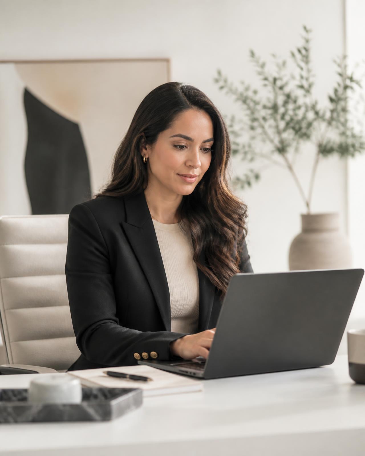 Consultora profesional trabajando con herramientas de Inteligencia Artificial en una oficina moderna