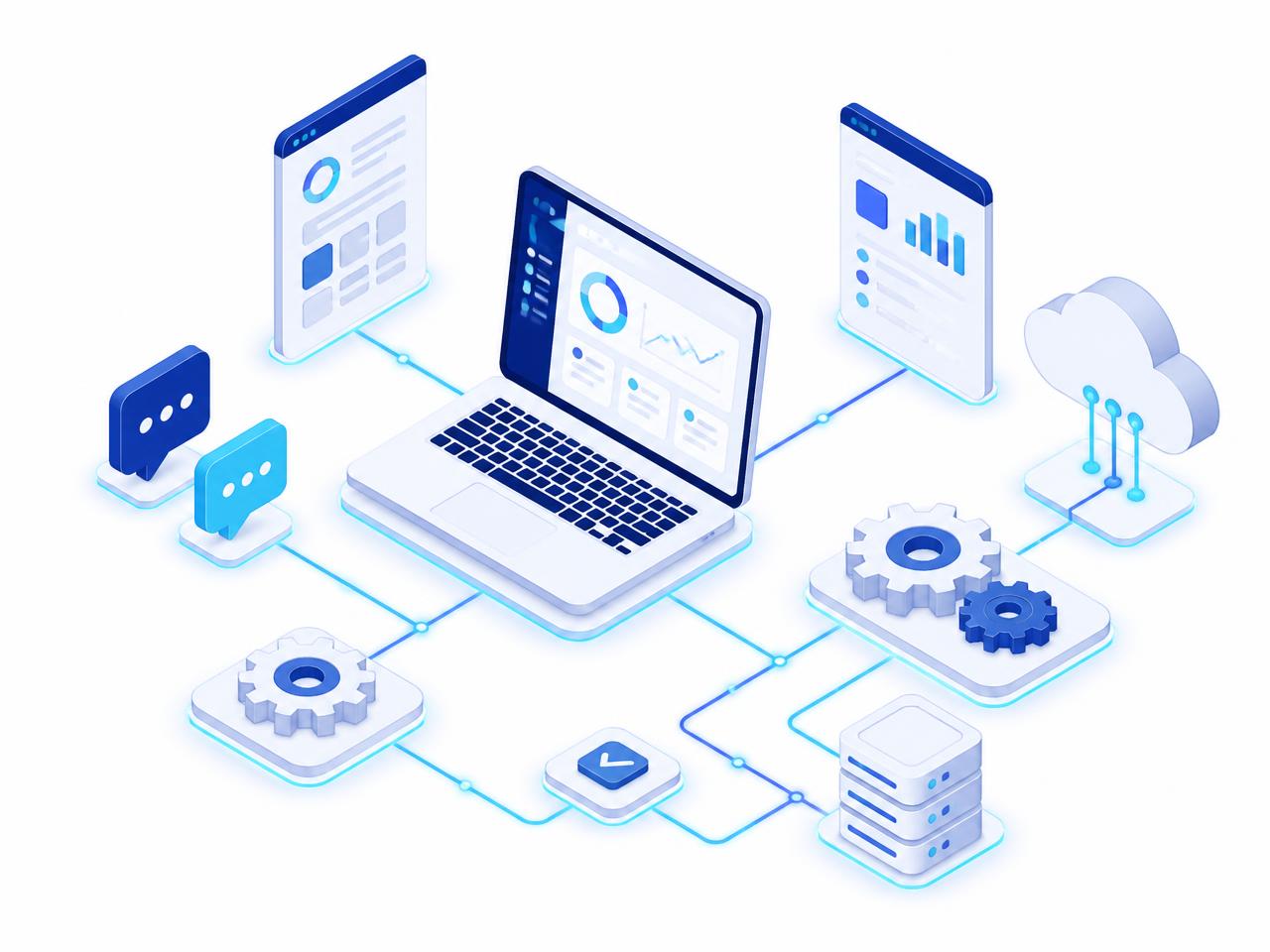 Ilustración de workflow digital con laptop, dashboards y automatización en la nube